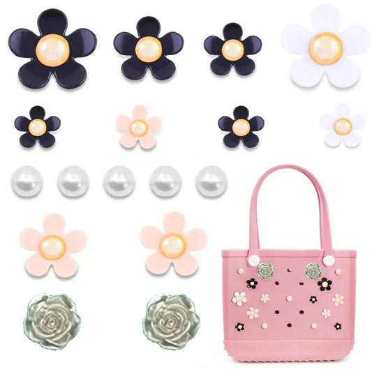 24Pcs Flowers and Pearls Charms for Bogg Bag Compatible with Women Rubber Beach Bag Tote Handbag Decoration Good Vibrations
