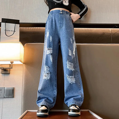 New 2024 Teenage Girls Blue Street Cartoon Print Elastic Mid Waist Loose Denim Jeans Spring Fashion Children Cute Wide Leg Pants Good Vibrations