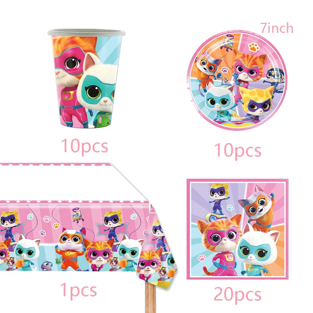 Cartoon Superkitties Birthday Party Decorations Balloons Disposable Tableware Set Paper Plates Banner for Baby Shower Kids Gifts Good Vibrations