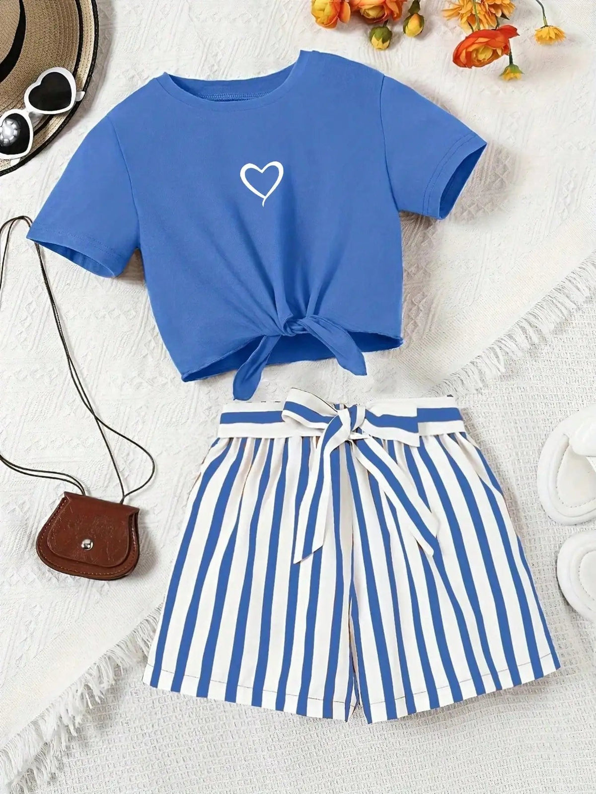 Women's Casual Daily 2-Piece Set Short Sleeve Love Printed Striped Shorts with Random Belt Children's Clothing Good Vibrations