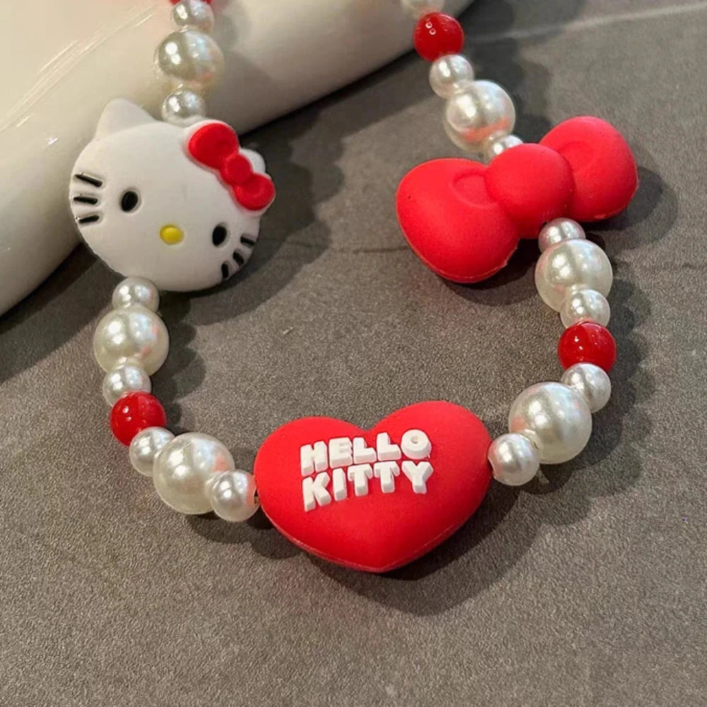 Anime Sanrio Hello Kitty Love Heart Pendant Cartoon Kt Cat Girl Cell Phone Kawaii Beaded Lanyard Jewelry Schoolbag Decoration Good Vibrations