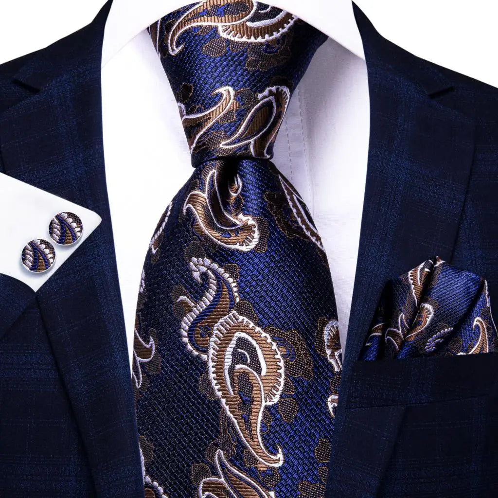 Hi-Tie Navy Blue Solid Paisley Silk Wedding Tie For Men Hanky Cufflink Mens Necktie Set Business Party New Design Dropshipping Good Vibrations