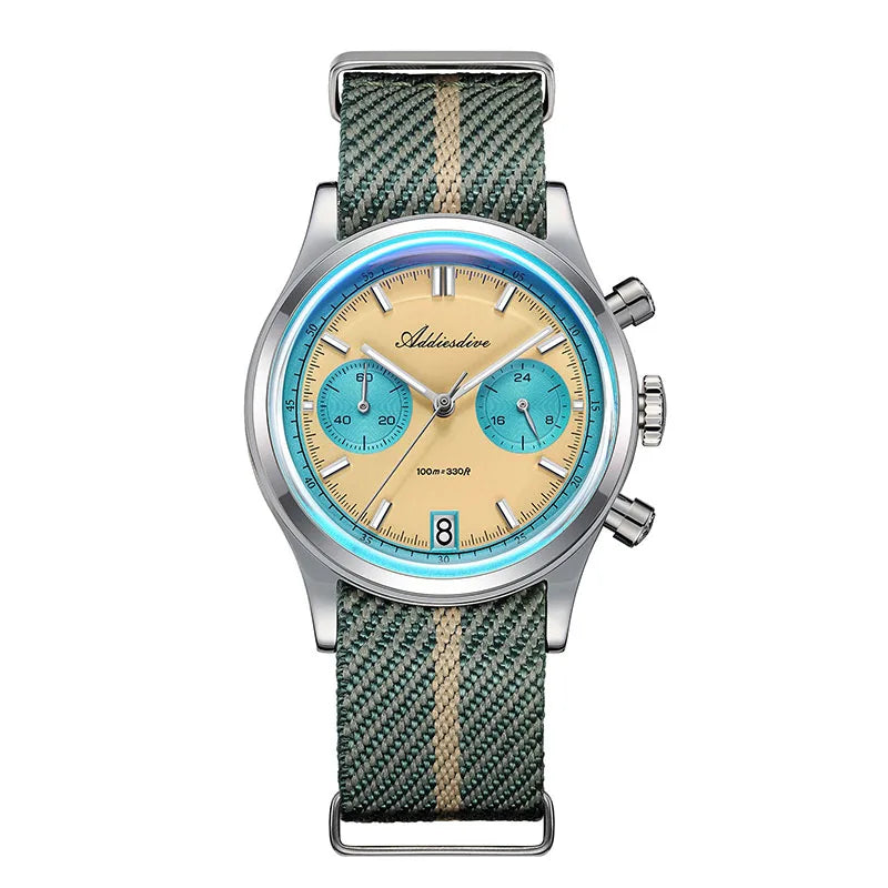 ADDIESDIVE Top Brand Man Watch BGW9 Super Luminous 10Bar Waterproof Bubble Mirror Glass VK64 Chronograph Quartz Steel Wristwatch Good Vibrations