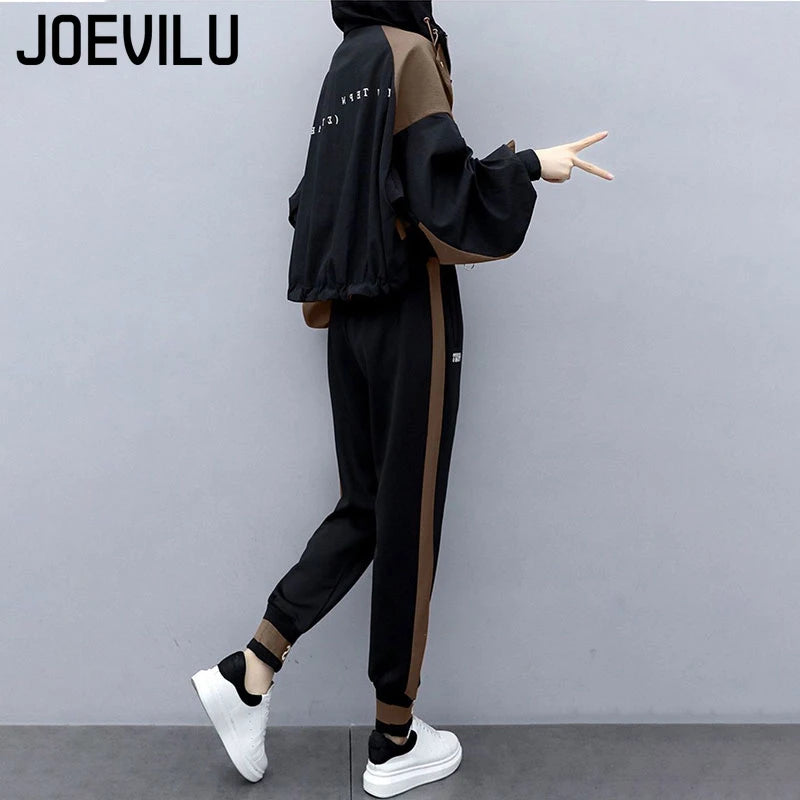 JOEVILU 2PCS Casual Tracksuit Loose Jacket Track Pants 2 Piece Sets Women's Outfits Spring/Autumn Korean Streetwear Leisure Suit Good Vibrations
