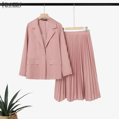 Women's Elegant Office Wear Skirt Suits Long Sleeve Blazer & A-Line Pleated Skirt 2 Pieces Sets ZANZEA Fashion Skirt Sets Outfit Good Vibrations