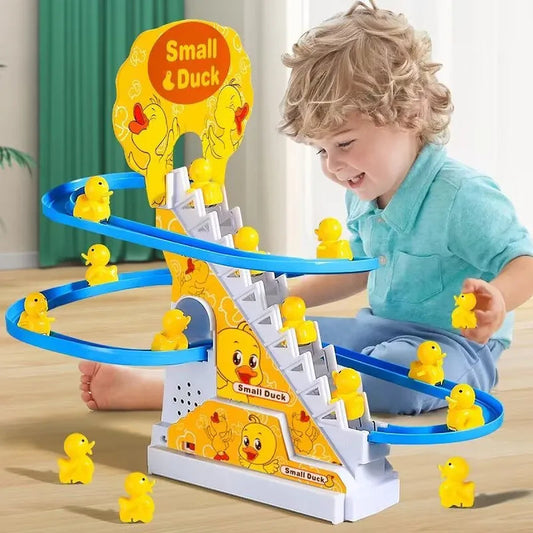Electric Small Ducks Climbing Toys DIY Ducks Chasing Race Track Game Set with Lights & Music Roller Coaster Toy for Kids Gift Good Vibrations