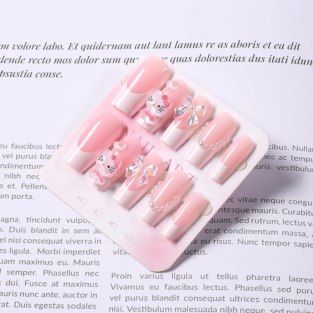 Pink French Fake Nails 3D Pink Hello Kitty, Aurora Bow, Pearl Design False Nail Medium Coffin Shaped Full Cover Press On Nails Good Vibrations