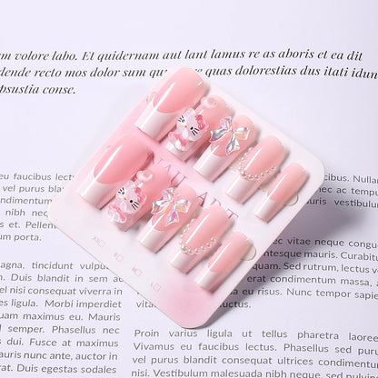Pink French Fake Nails 3D Pink Hello Kitty, Aurora Bow, Pearl Design False Nail Medium Coffin Shaped Full Cover Press On Nails Good Vibrations