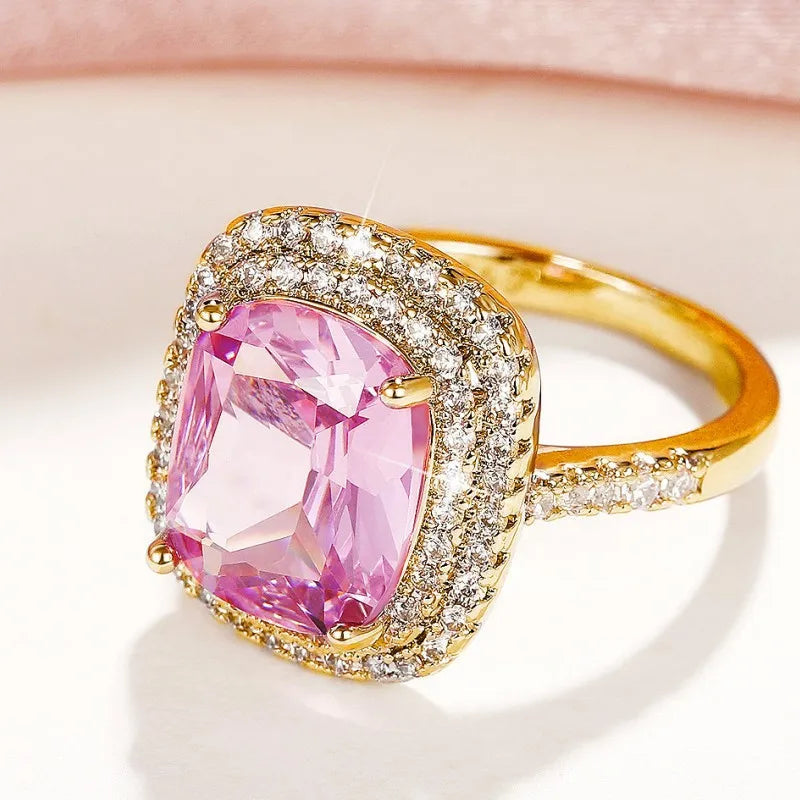 Pink Cubic Zirconia Ring Suitable for Women's Engagement Wedding Luxury Accessories Sparkling Silver Fashion Jewelry Good Vibrations