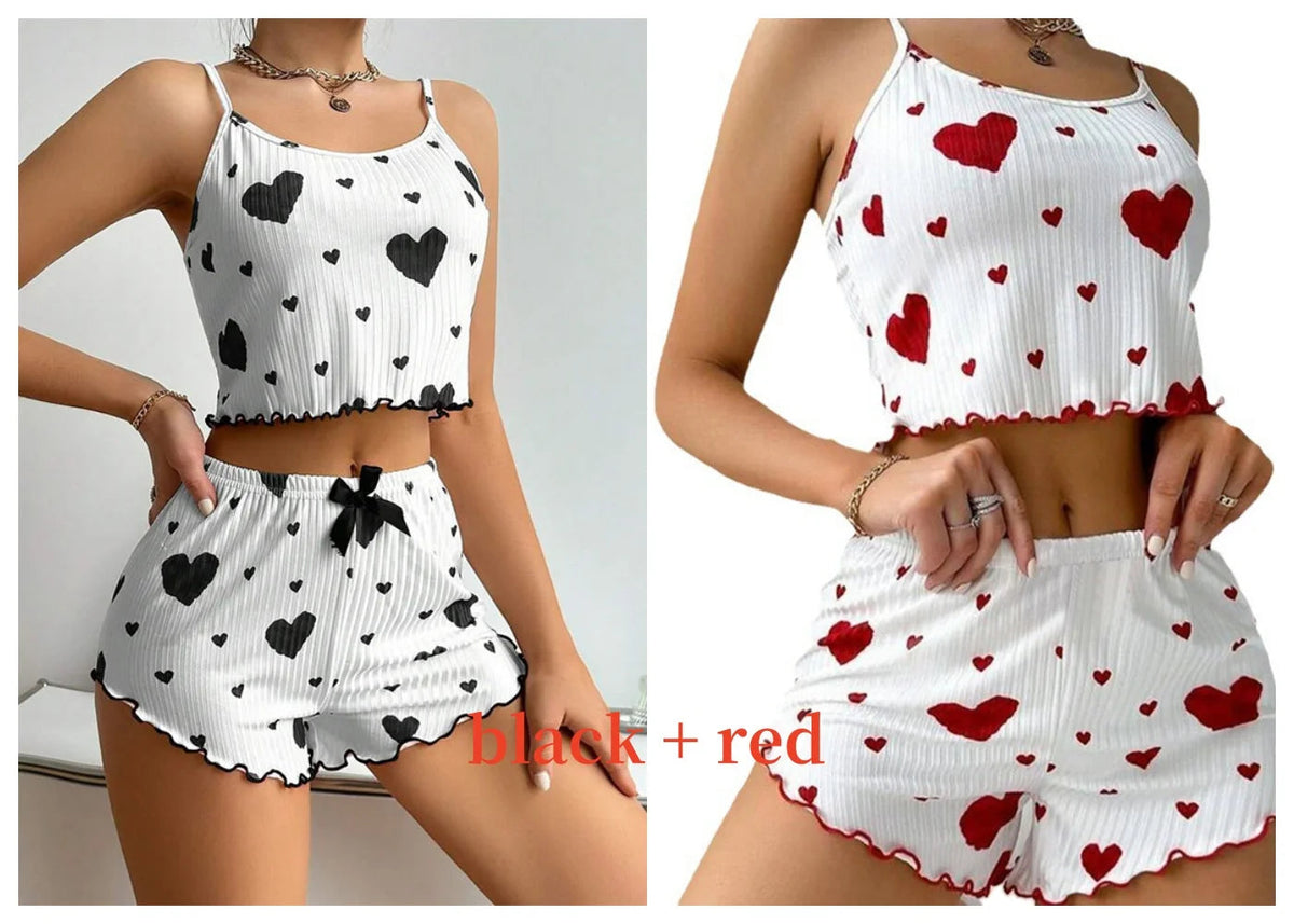 Women's Pajamas Set Sleepwear 2 PCS Short Tank Tops And Shorts S M L White Ventilate Soft Casual Love Printing Good Vibrations
