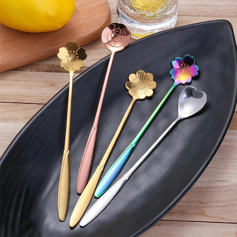 4Pcs Flower Spoon Set Small Teaspoon Coffee Spoon Cute Ice Cream Dessert Spoon Silver Gold Stainless Steel Tableware Accessories Good Vibrations