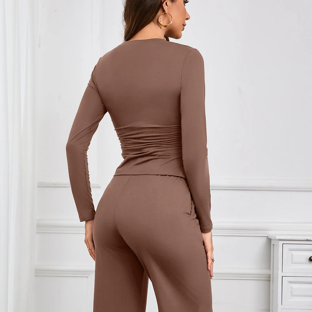 Women drawstring Set Soft Home Clothes Wide-leg Pant Long Sleeve Round Neck Top Comfortable Yoga Outfit Pullover Sleepwear 2025 Good Vibrations