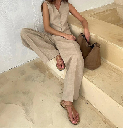 2025 New Women Linen Cotton Chic Vest ＆ Pants Suit Two-Piece Set Office Ladies Summer Chic 2 Piece Sets Women's Outfits Good Vibrations