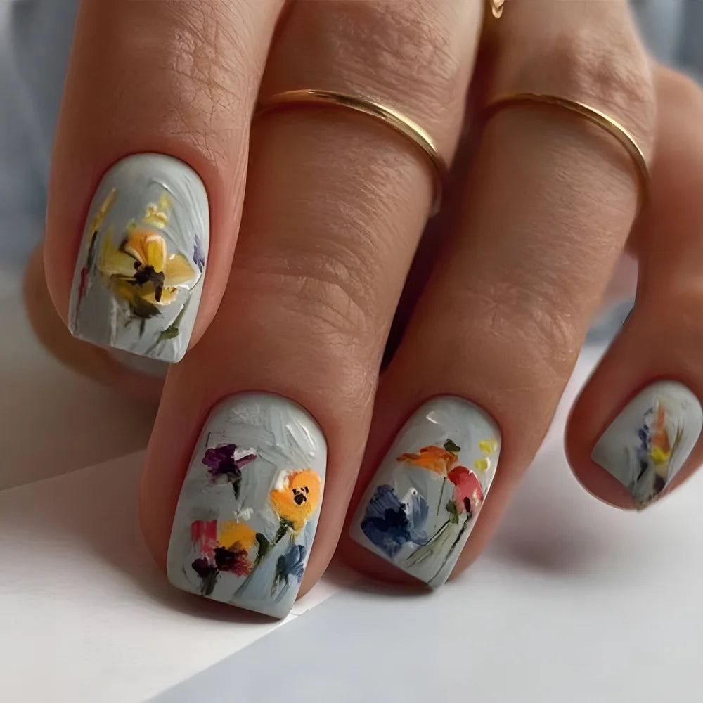 24pcs Golden Stripe Press on Nails Shiny Powder Love Design Long Square False Nails Wearable Full Cover Nail Tips Blue Fake Nail Good Vibrations