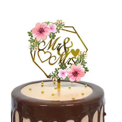 Color Mrs & Mrs Wedding Party Cake Toppers Gold Flowers Acrylic Bride and Groom Cake Toppers for Happy Wedding Cakes Decoration