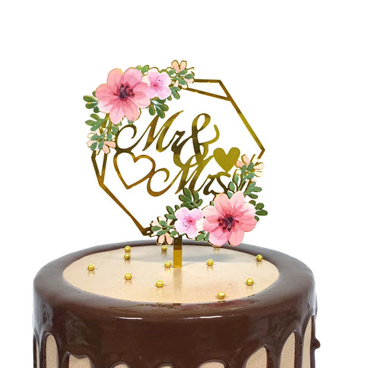Color Mrs & Mrs Wedding Party Cake Toppers Gold Flowers Acrylic Bride and Groom Cake Toppers for Happy Wedding Cakes Decoration Good Vibrations