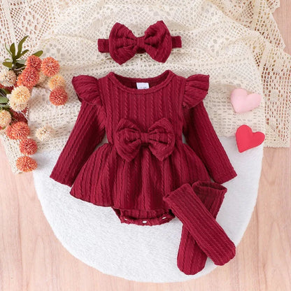 Autumn Winter Baby Girl Sets Purple Green Pink Red Ruffle Long Sleeve Bodysuit+Socks+Headwear Infant Birthday Party Wear D0141 Good Vibrations