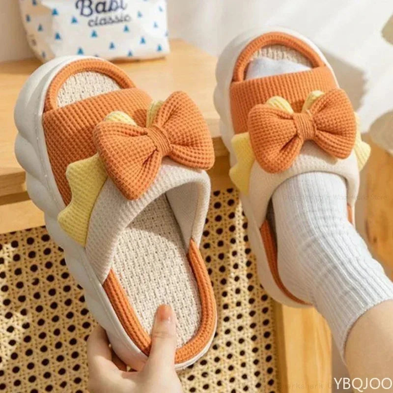 Linen Slippers Women Indoor Slippers Comzy Anti-Slip House Cotton Shoes  Cute Bowknot Flat Slipper Couples Slides Spring Summer Good Vibrations