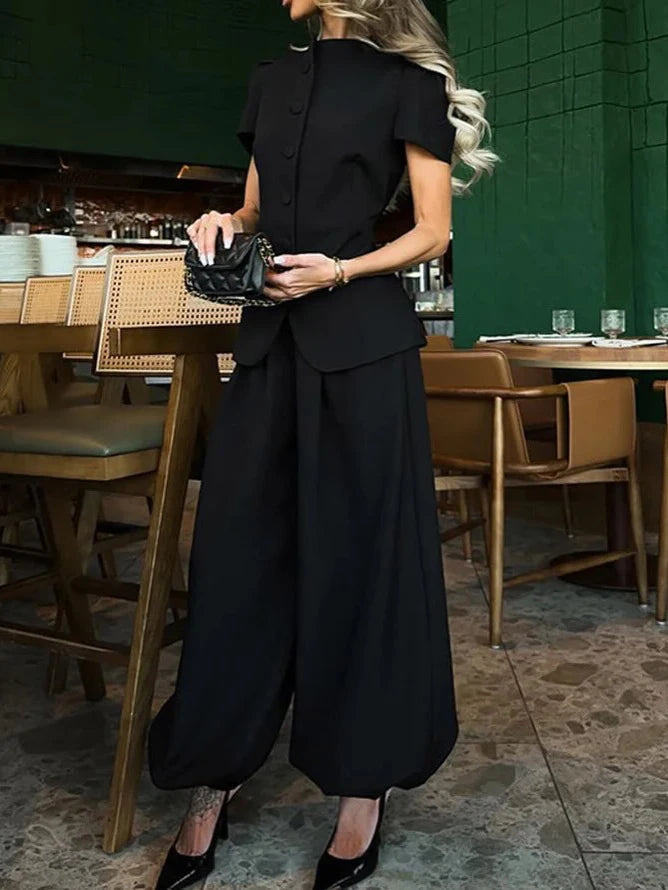 Womens 2 Piece Outfit Round Neck Puff Sleeve Fitted Blazer Top High Waist Wide Leg Pants Elegant Office Workwear White Suits Good Vibrations
