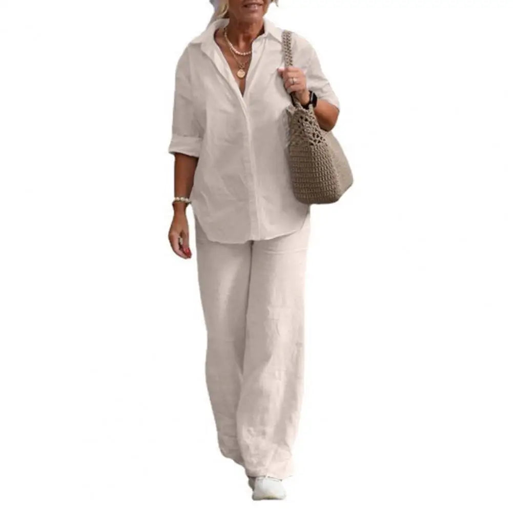 Two-piece Set Women Summer Suit Plus Size Cotton Linen Single-breasted Shirt Trousers Casual Top Wide Leg Pants Loose Outfits Good Vibrations