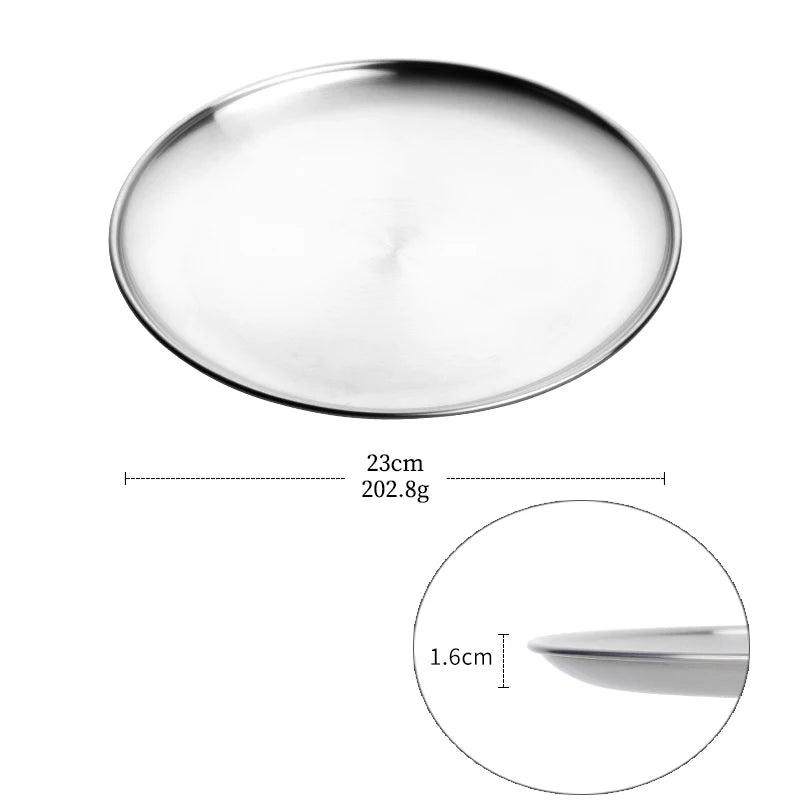 Stainless Steel Dinner Plates European Style Dessert Plate Kitchen Serving Dishes Salad Plate Cake Tray Western Steak Round Tray Good Vibrations