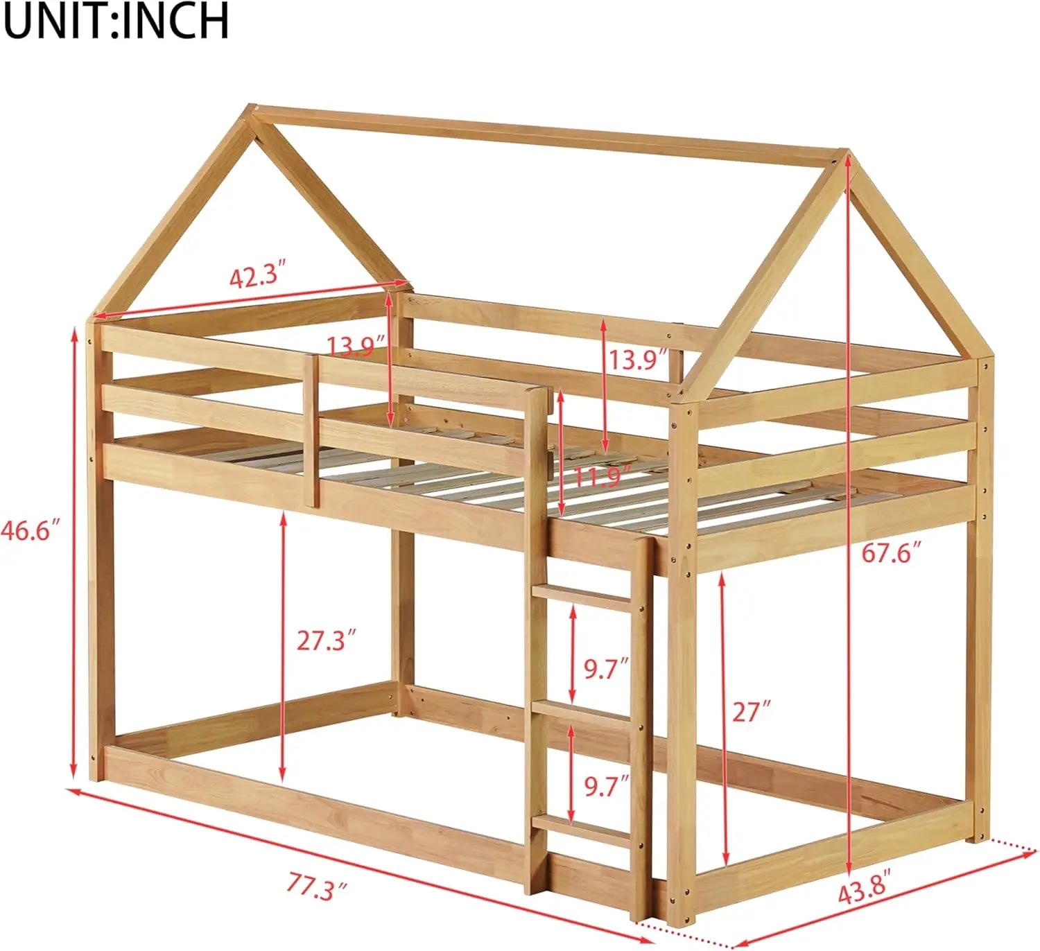Twin Over Twin Bunk Bed for Girls Boys,Solid Wood House Shaped Bunk Bed Frame with Ladder and Guardrails,Space Saving Design Good Vibrations