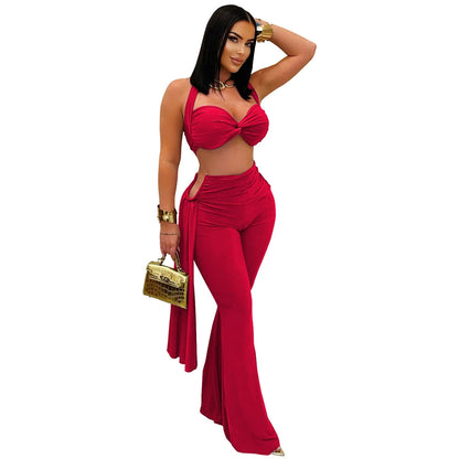 Sexy Women Outfits Twist-Front Crop Top and Long Straps Wide Leg Pants Sets Ruched Metal Tracksuits Sets Chic Night Out Overalls Good Vibrations