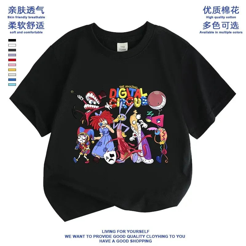 2026 Pure cotton boys and girls' short-sleeved T-shirt summer children's clothing cartoon magic digital circus children's top Good Vibrations