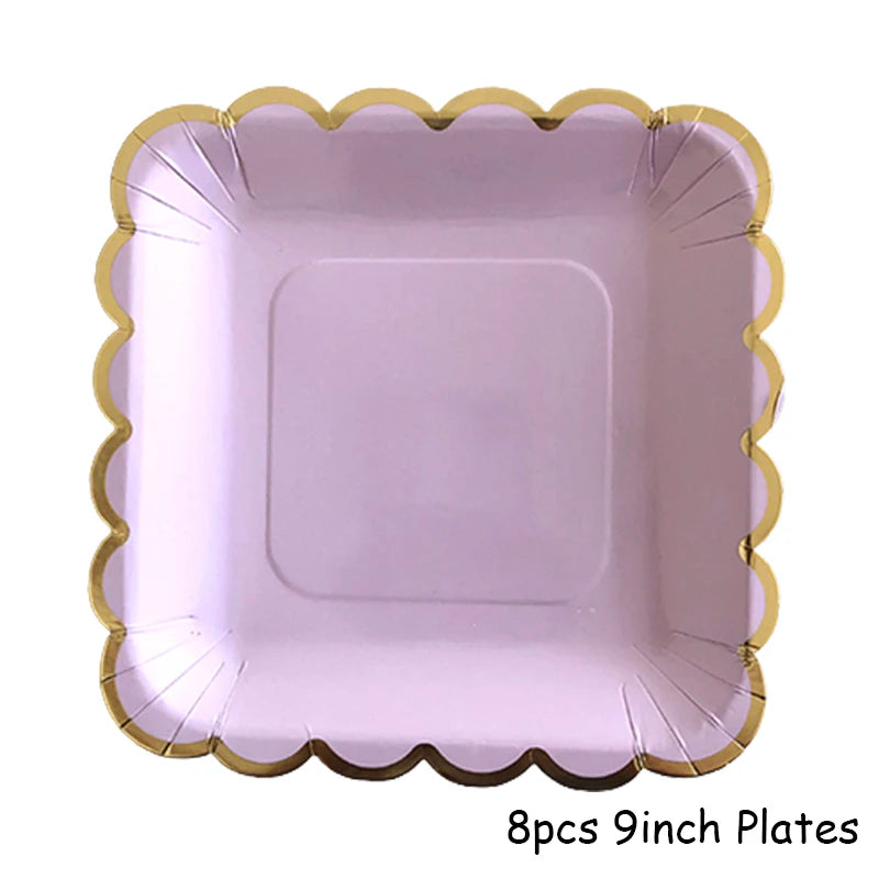 Purple Gold Party Paper Cup Plate Straw For Birthday Carnival Kids Favors Wedding Decor Disposable Tableware Party Supplies Good Vibrations