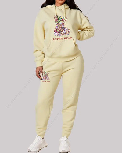 Women's Sets Hoodies Pants Outfits Suit 2025 New Sportswear Sweatsuit Bear Graphic Letter Print Aesthetic Trend Ladies Tracksuit Good Vibrations
