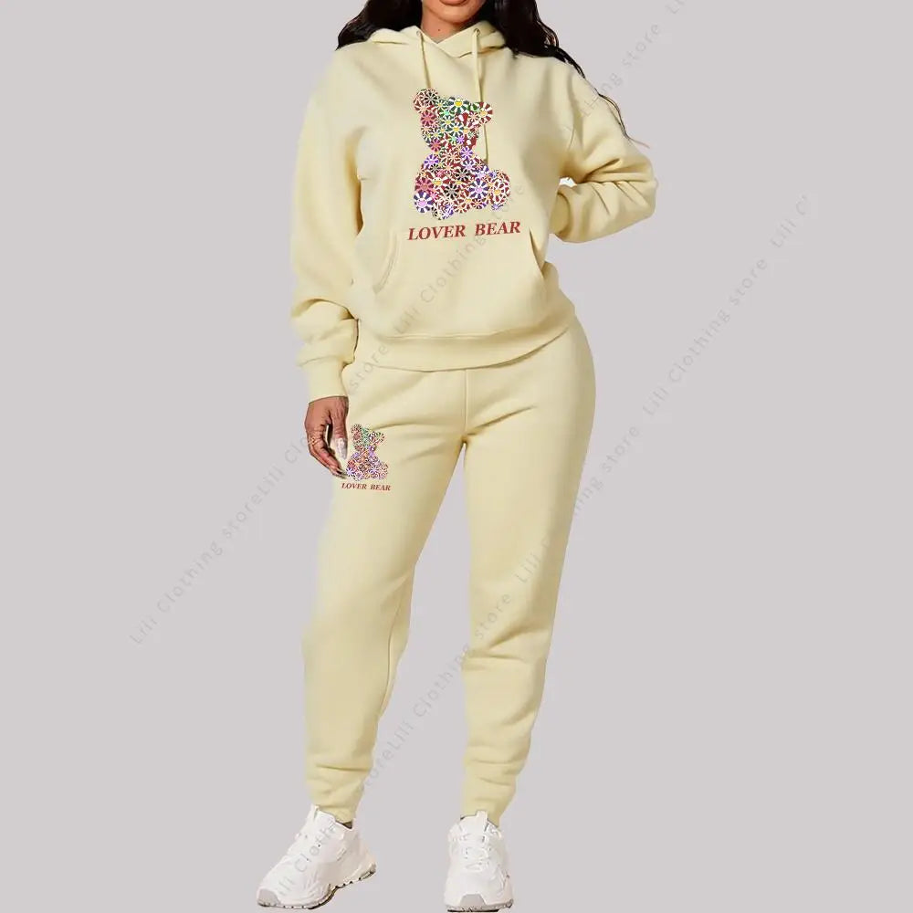 Women's Sets Hoodies Pants Outfits Suit 2025 New Sportswear Sweatsuit Bear Graphic Letter Print Aesthetic Trend Ladies Tracksuit Good Vibrations