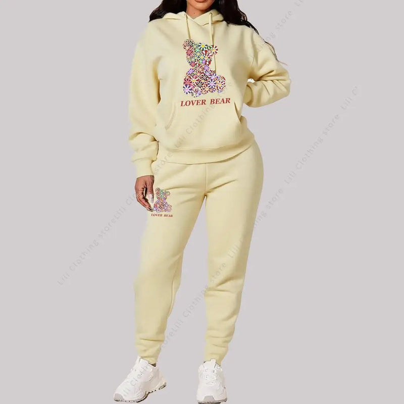 Women's Sets Hoodies Pants Outfits Suit 2025 New Sportswear Sweatsuit Bear Graphic Letter Print Aesthetic Trend Ladies Tracksuit Good Vibrations