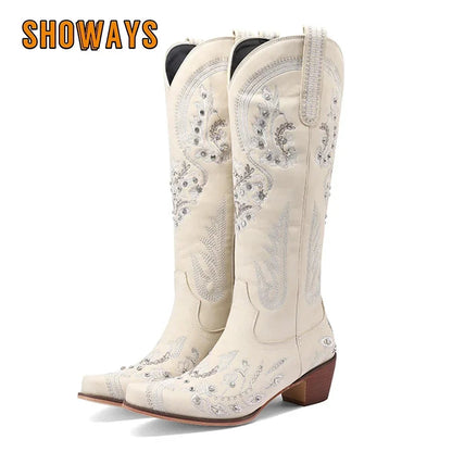 Western Cowboy Knee High Boots for Women Embroidery Flower Rhinestone White Brown Round Toe High Heels Retro Cowgirl Long Boots Good Vibrations