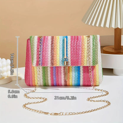 Chic Rainbow Stripe Straw Crossbody Bag for Women Adjustable Shoulder Strap Magnetic Closure Tassel Accent, Fashion Square Purse Good Vibrations