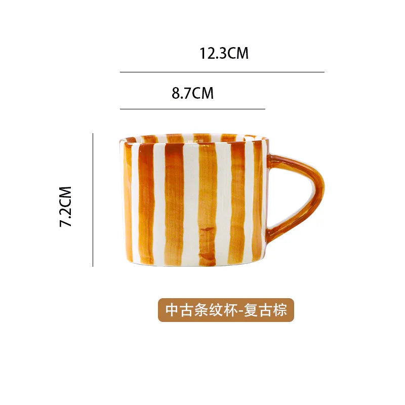 Ceramic Coffee Mug Three-piece Set Hand-painted Striped Mug Afternoon Camellia Tea Mug Breakfast Milk Oatmeal Mug Cake Plate New Good Vibrations