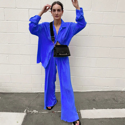 New Two Piece Set Women Outfits Pleated Women's Elegant  Drape Loose Sets Shirt High Waist Trousers Female Suit Fashion Casual Good Vibrations