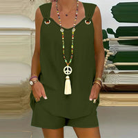 Women's Casual Fashion Set with Suspender Sleeveless Solid Color Top and Pants Set Summer Comfortable Clothing Good Vibrations