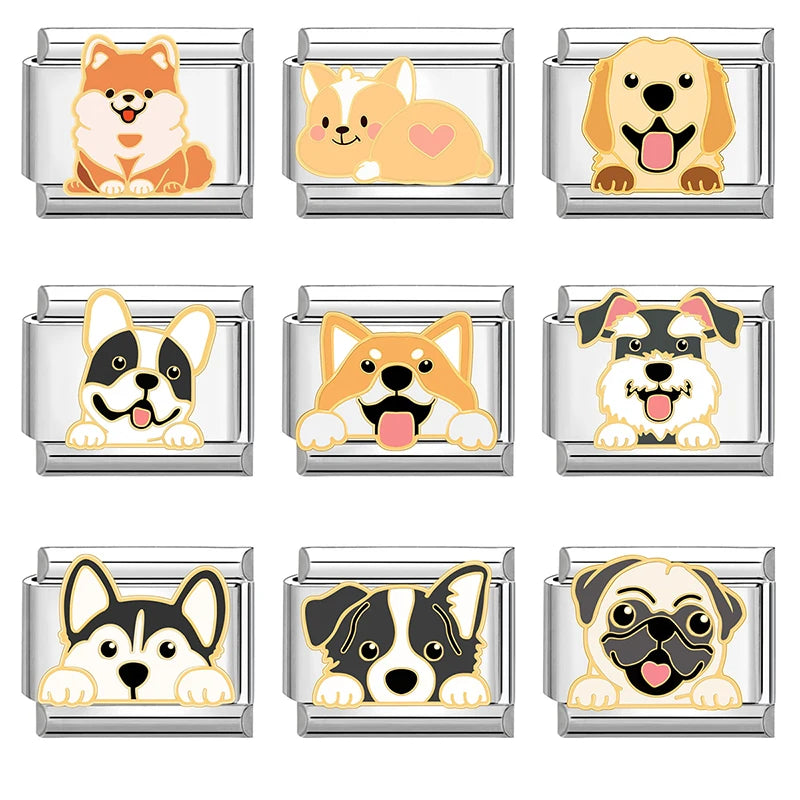 Cartoon Charm Teddy Corgi Shiba Inu Pet Dog Italian Charm Links Fit 9mm Bracelet Stainless Steel DIY Jewelry Making Wholesale Good Vibrations