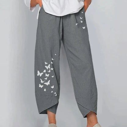 Vintage Print Pants Women Fashion Irregular Casual High Waist Elastic Waist Straight Loose Trousers Summer Lady Cargo Pantalon Good Vibrations