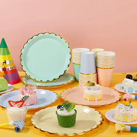 80 Pcs 9 In Pastel Scalloped Paper Plates Dessert Plates 9 Oz Disposable Paper Cup With Metallic Gold Border Pastel Cup Good Vibrations