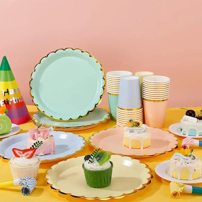 80 Pcs 9 In Pastel Scalloped Paper Plates Dessert Plates 9 Oz Disposable Paper Cup With Metallic Gold Border Pastel Cup Good Vibrations