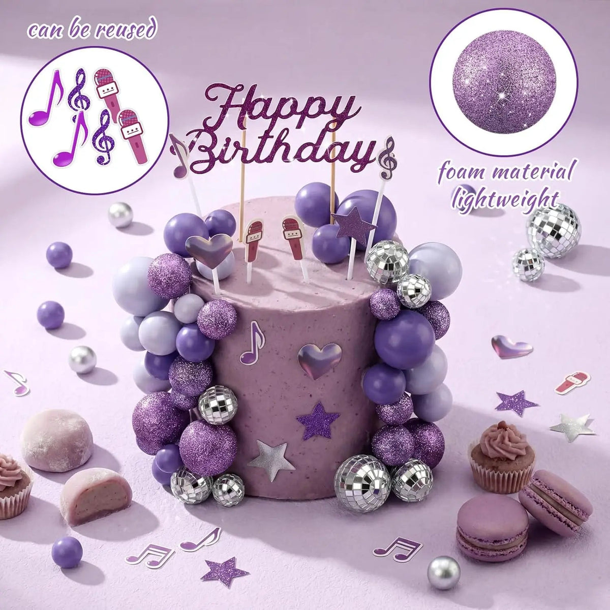 Complete K-Pop Party Cake Topper: Purple Disco Balls, Mic, Hearts & “Happy Birthday” – Music Theme Decor Good Vibrations