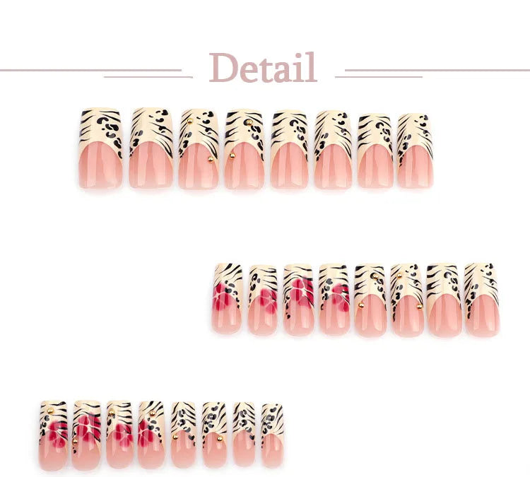 Black Leopard Print Light Yellow French Red Flowers Fake Nails Fashion Detachable Finished False Nails Press on Nails with Glue Good Vibrations