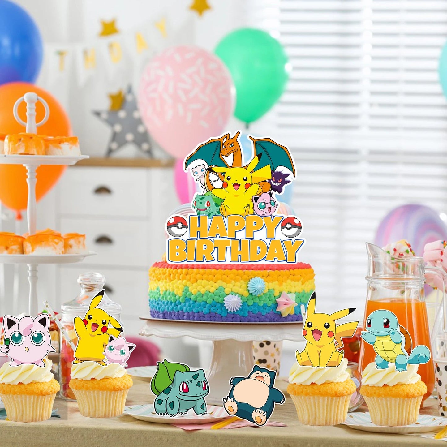 Pokemon Cake Toppers,24pcs Pokemon Cupcake Toppers&1pcs Large Pokemon Birthday Cake Topper for Pokemon Birthday Party Decoration Good Vibrations