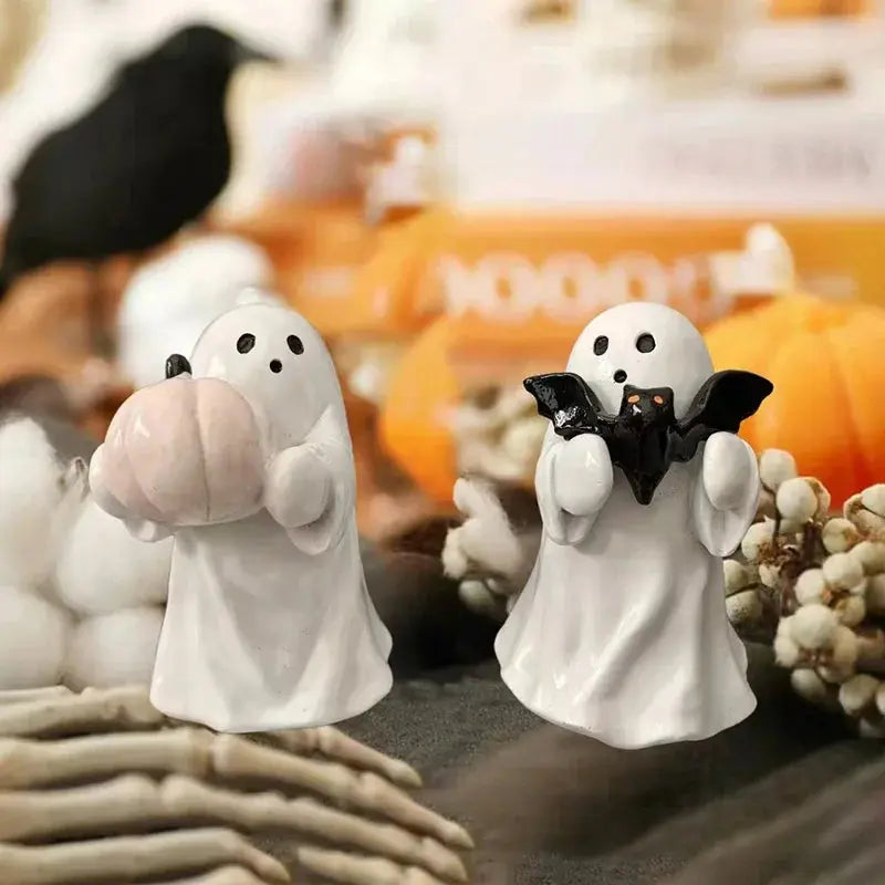 Halloween Ghost Ornament Ghost Holding Pink Pumpkin Bat Resin Ornament Home Living Room Bedroom Office Desktop Decoration Good Vibrations