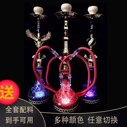 Bar KTV large glass hookah set with colorful LED lights and hoses.