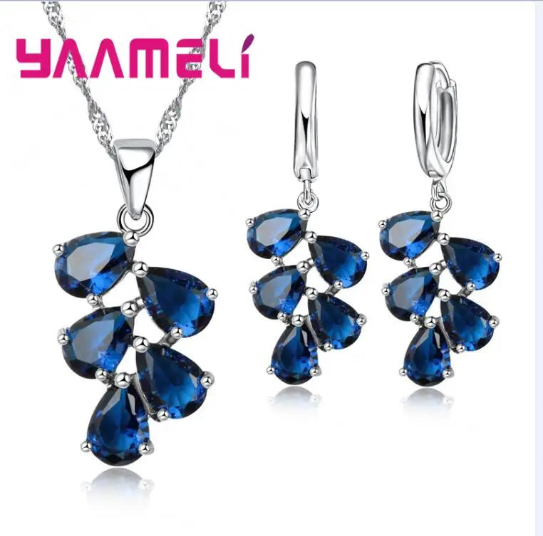 Anniversary Gift For Women Trendy 925 Sterling Silver Color Jewelry Sets Cubic Zirconia Pendants Necklaces Charm Hoop Earrings Good Vibrations Adult Super Store