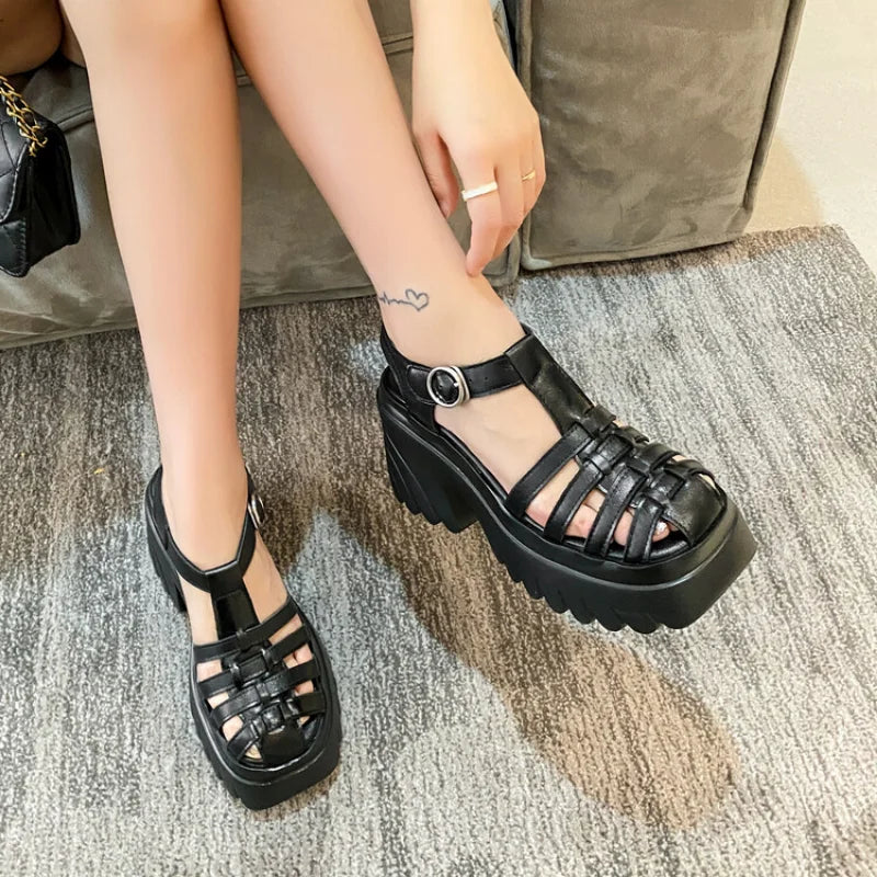 Womens Roman Sandals Hollow High Heel Thick Bottom Gladiator Sandals Womens Buckle Womens Shoes Non-slip Outdoor Beach Shoes Good Vibrations