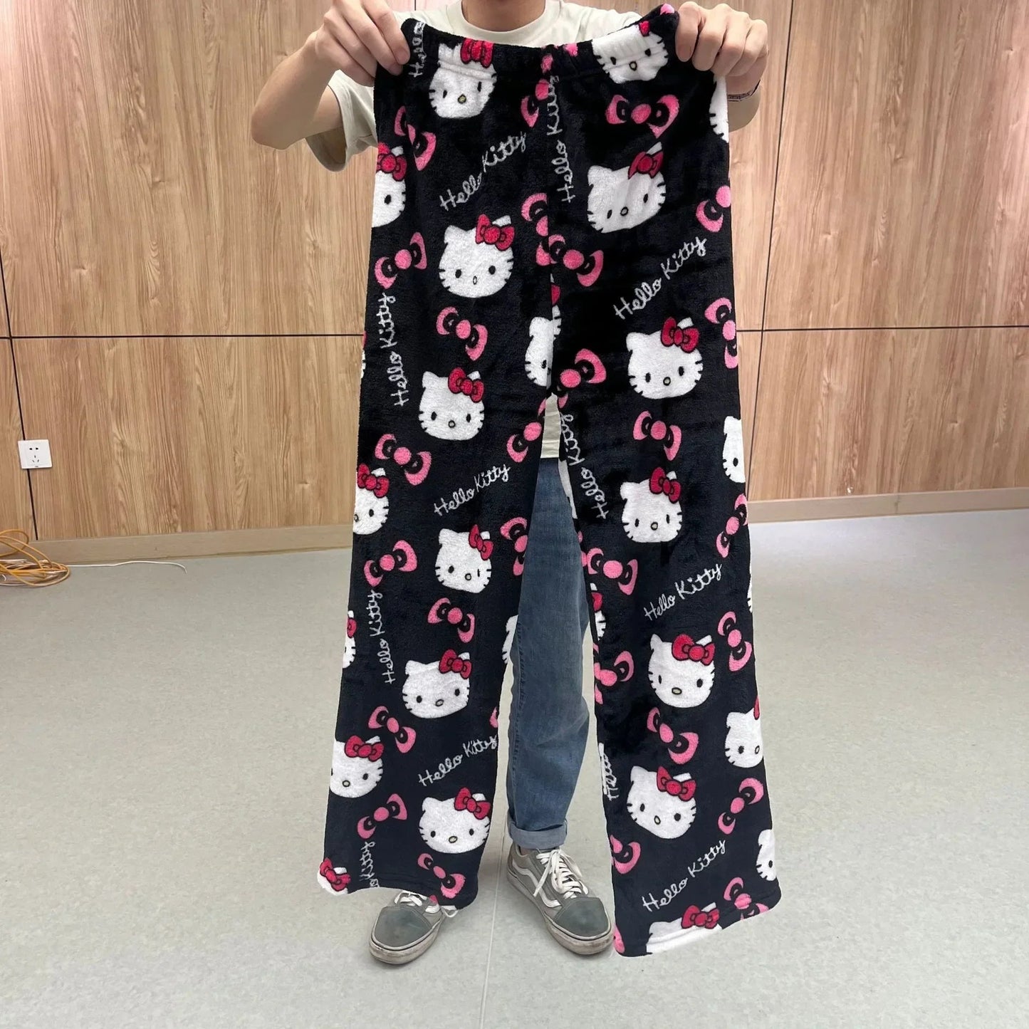 Sanrio Cartoon Hello Kitty Flannel Pajamas Black Women's Warm Woolen Cartoon Casual Home Pants In Autumn Winter Fashion Trousers Good Vibrations