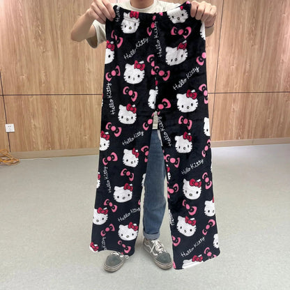 Sanrio Cartoon Hello Kitty Flannel Pajamas Black Women's Warm Woolen Cartoon Casual Home Pants In Autumn Winter Fashion Trousers Good Vibrations
